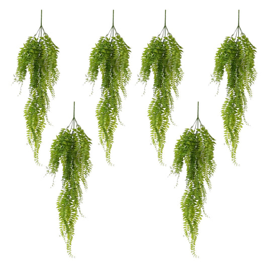 Pack of 6 x 100cm Artificial Trailing Green Leaf Hanging Fern Plant with Wired Top Stems